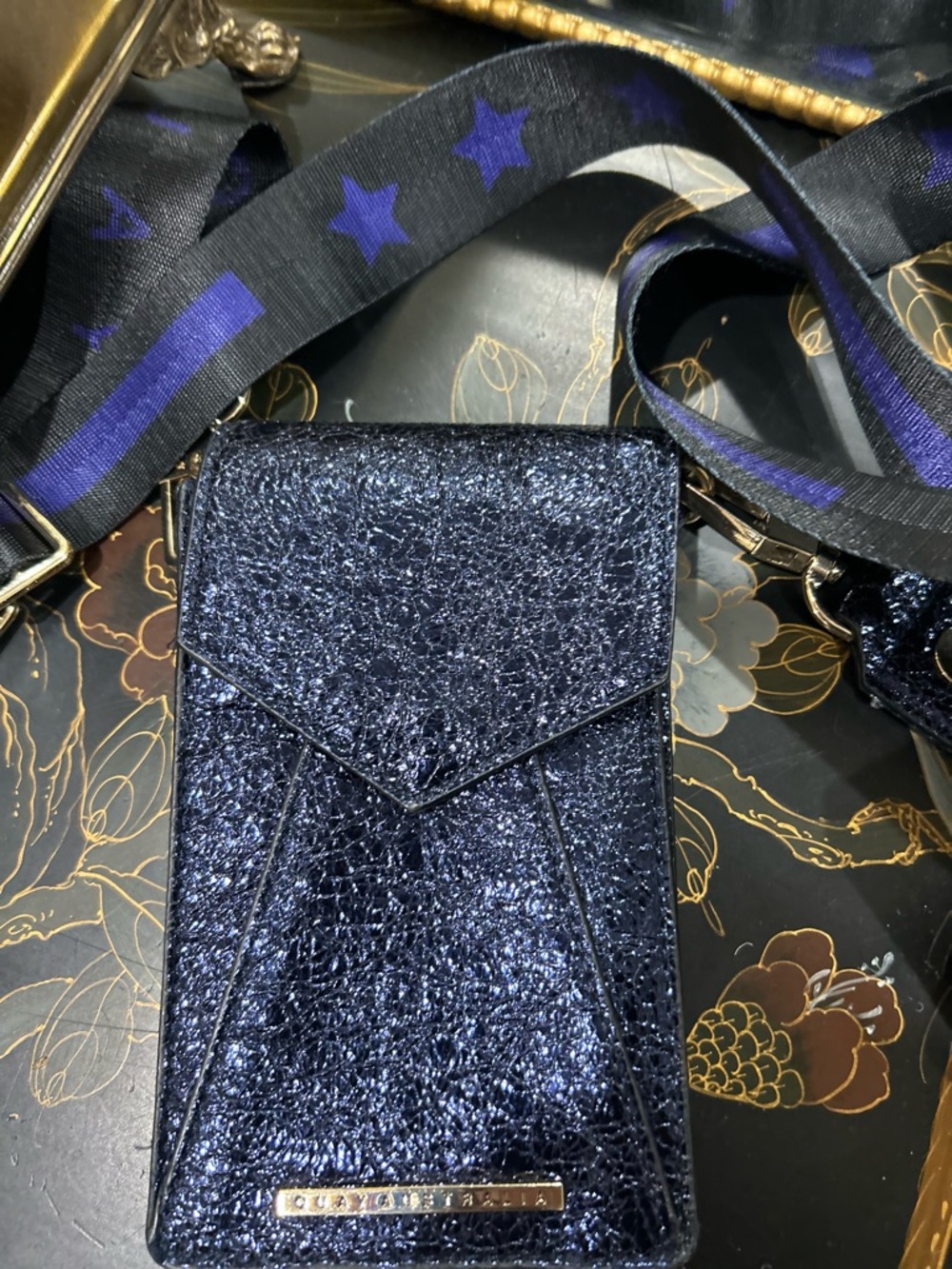 Quay Australia Navy Glitter Crossbody Pouch with Star-Print Strap
